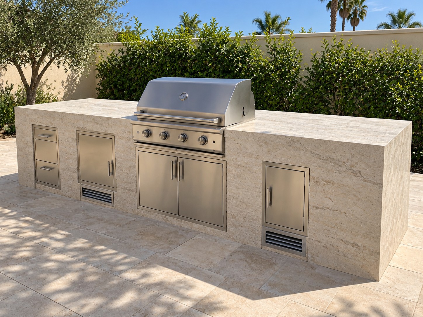 Stone-clad barbecue island and slab countertop