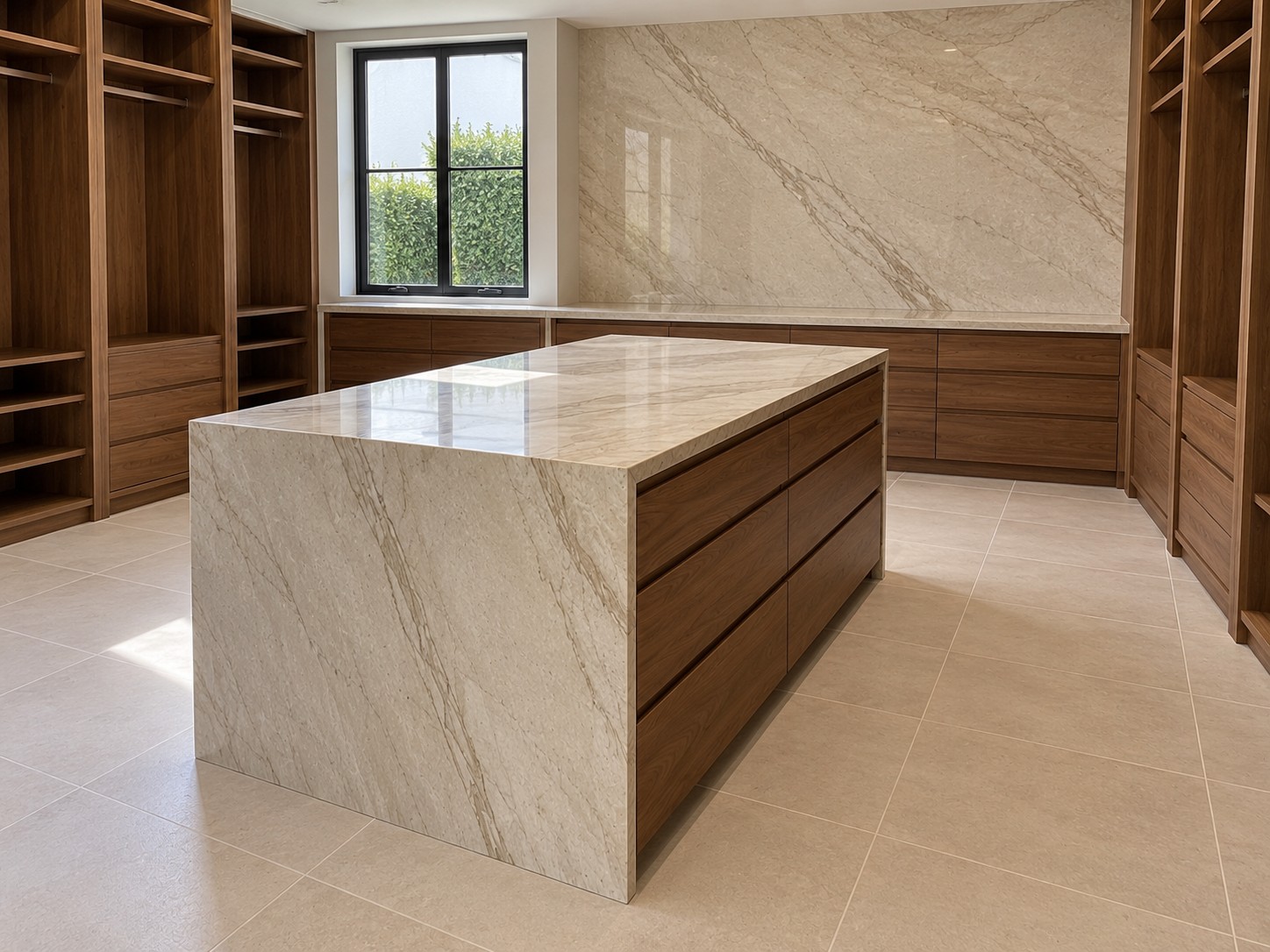 Stone island top and waterfall side in a walnut walk-in closet