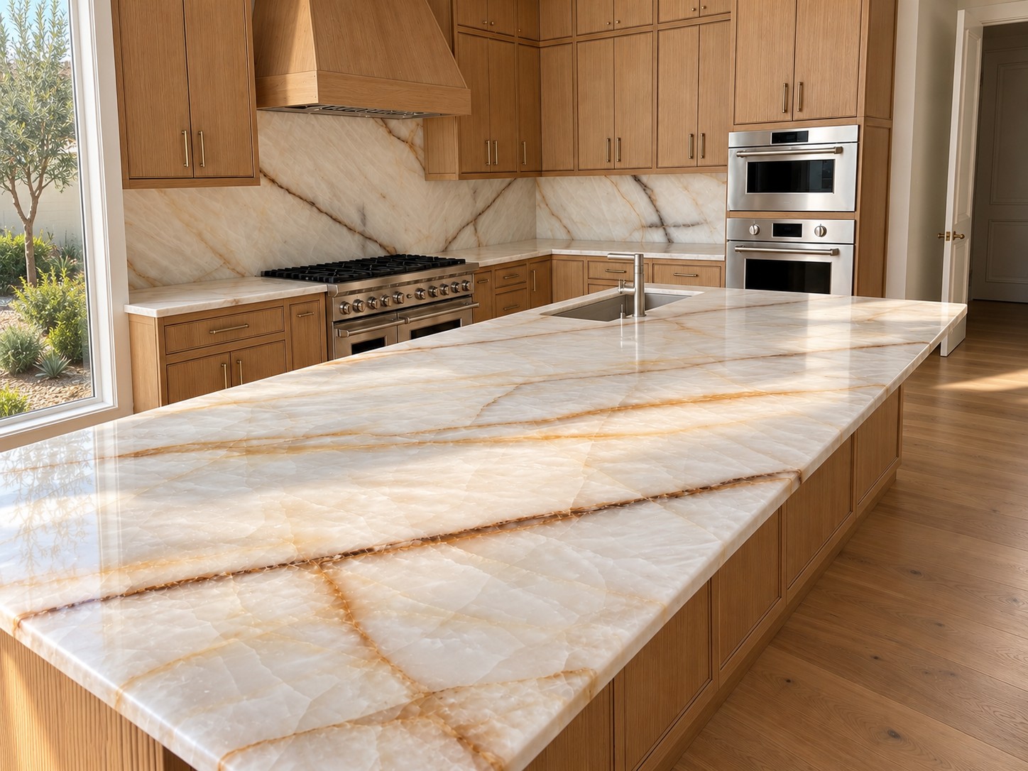 Stone kitchen island and matching slab backsplash