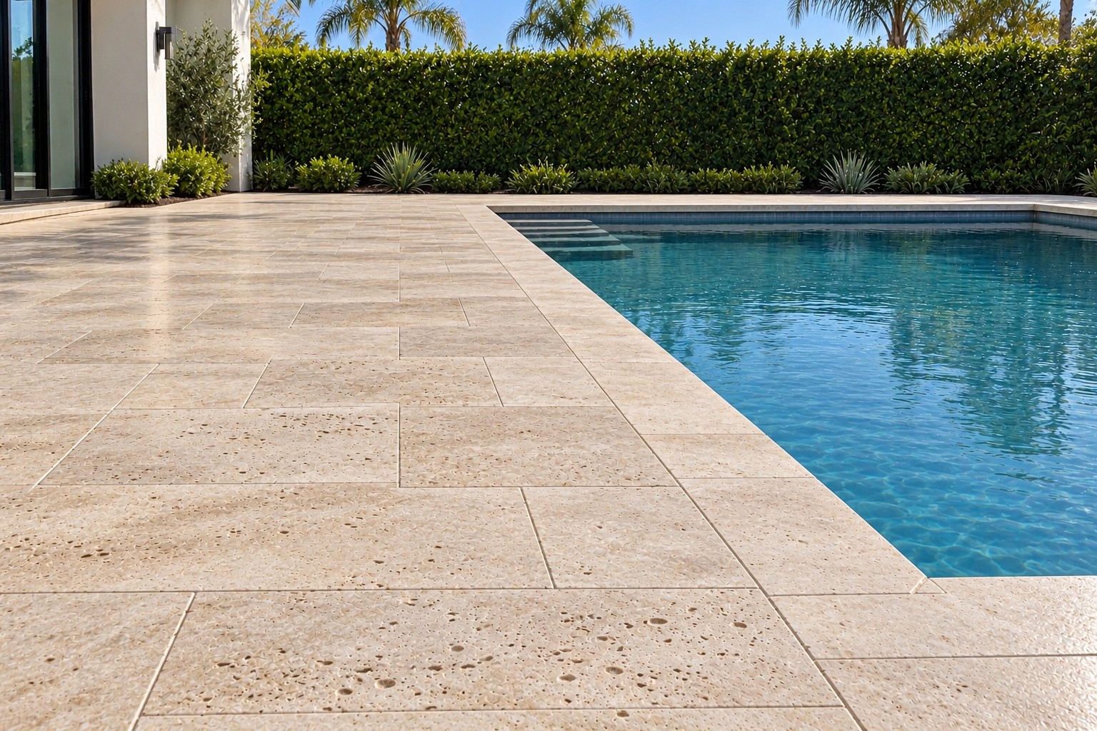 Travertine pool deck and coping in a private residential yard